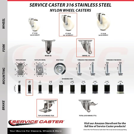 Service Caster 4 Inch 316SS Nylon Wheel Swivel 7/8 Inch Expanding Stem Caster Set Brake SCC SCC-SS316EX20S414-NYS-TLB-78-4